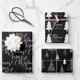 白黒メリークリスマスツリー名ラッピング ラッピングペーパーシート