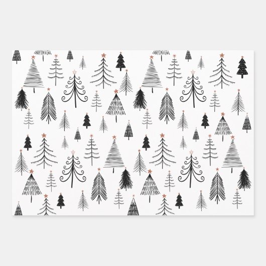 白黒メリークリスマスツリー名 ラッピングペーパーシート (正面3)