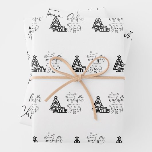 白黒メリークリスマスツリー引用文ギフト ラッピングペーパーシート (インサイチュ)