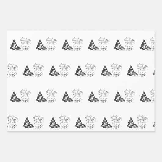 白黒メリークリスマスツリー引用文ギフト ラッピングペーパーシート (正面)
