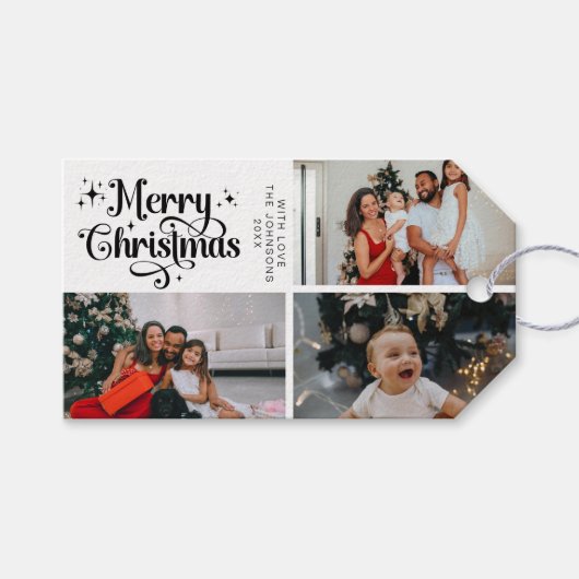 白黒メリークリスマスファミリーフォトコラージュ ギフトタグ (正面(横))