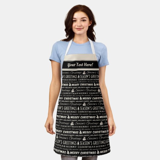 白黒メリークリスマスレトロタイポグラフィ エプロン (着用した状態)
