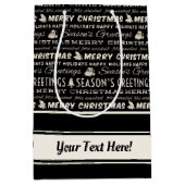 白黒メリークリスマスレトロタイポグラフィ ミディアムペーパーバッグ (正面)