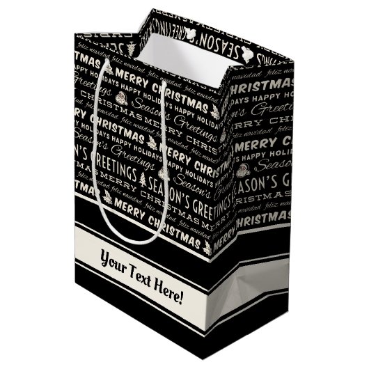 白黒メリークリスマスレトロタイポグラフィ ミディアムペーパーバッグ (裏面アングル)