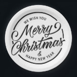 白黒メリークリスマス書道台本 ペーパープレート<br><div class="desc">クリスマスパーティーディナープレートとメリークリスマス書文字のスクリプトフォント。</div>