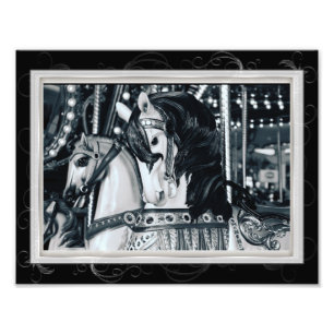 白黒メリーゴーラウンド回転木馬馬写真 フォトプリント           
