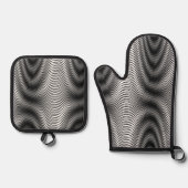 白黒モアレストライプの抽象芸術 鍋つかみ&鍋敷きセット (正面)