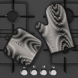 白黒モアレストライプの抽象芸術 鍋つかみ&鍋敷きセット