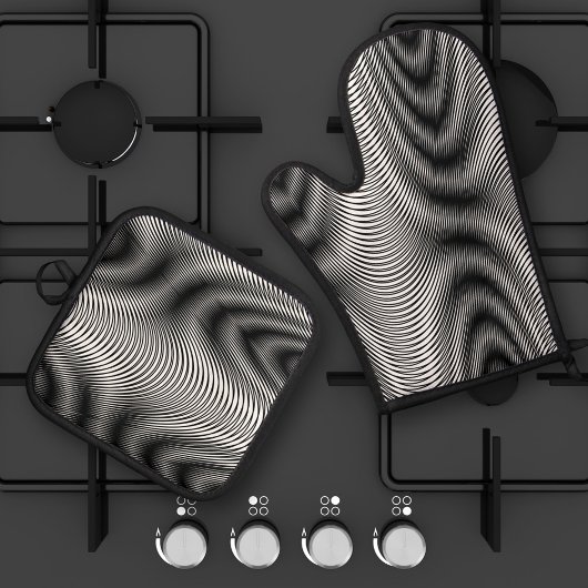 白黒モアレストライプの抽象芸術 鍋つかみ&鍋敷きセット