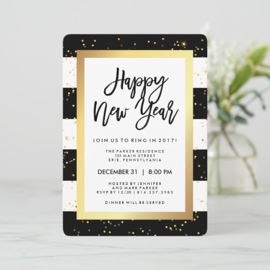 白黒モダンと金ゴールドの大晦日パーティー 招待状 (スタンド正面)