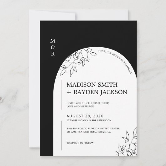 白黒モダンのシンプル結婚アーチ 招待状 (正面)