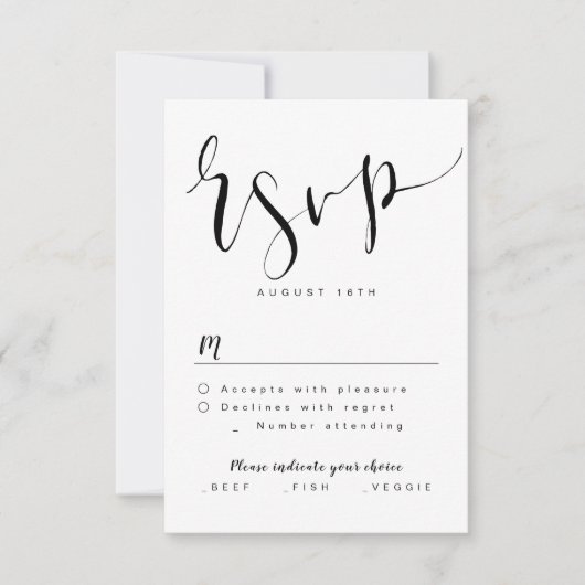 白黒モダンのシンプルScript Wedding RSVP (正面)