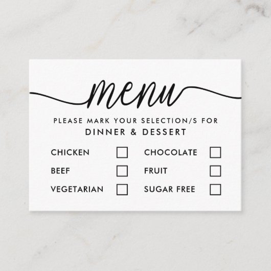 白黒モダンのスクリプシンプルト・メニュー選択 エンクロージャーカード (正面)