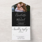 白黒モダンのスクリプトの写真結婚 オールインワン招待状 (内側)