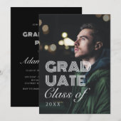 白黒モダンのスクリプト写真の卒業 招待状 (正面/裏面)