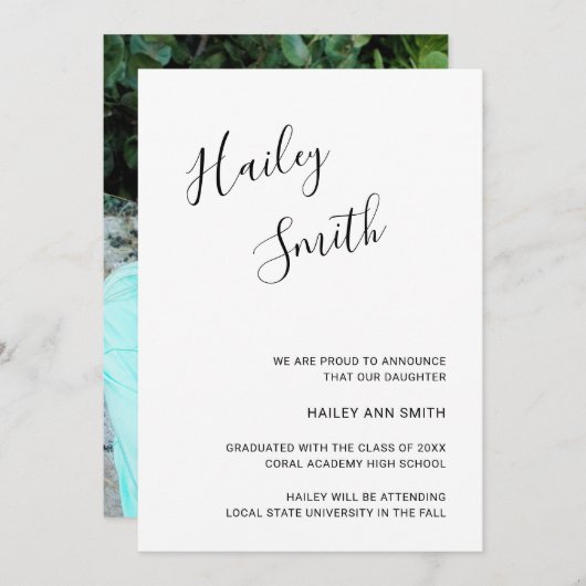 白黒モダンのスクリプト写真の卒業 案内状 (正面/裏面)