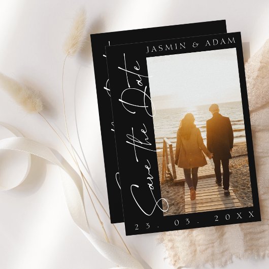 白黒モダンのスクリプト写真結婚の セーブザデート