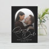 白黒モダンのスクリプト写真結婚の セーブザデート (スタンド正面)