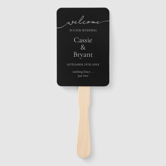 白黒モダンのスクリプト結婚式 プログラム ハンドファン (正面)