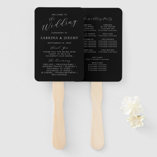 白黒モダンのスクリプト結婚式 プログラム ハンドファン (正面&裏面)