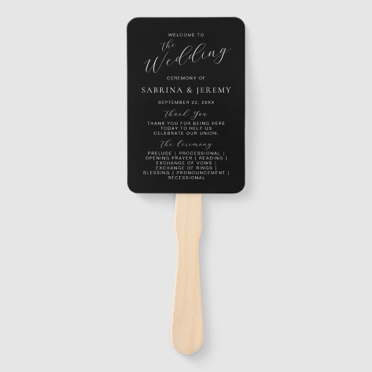 白黒モダンのスクリプト結婚式 プログラム ハンドファン (正面)