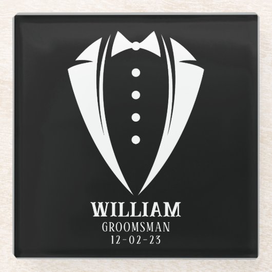 白黒モダンのタキシードのグルマンギフト ガラスコースター (正面)