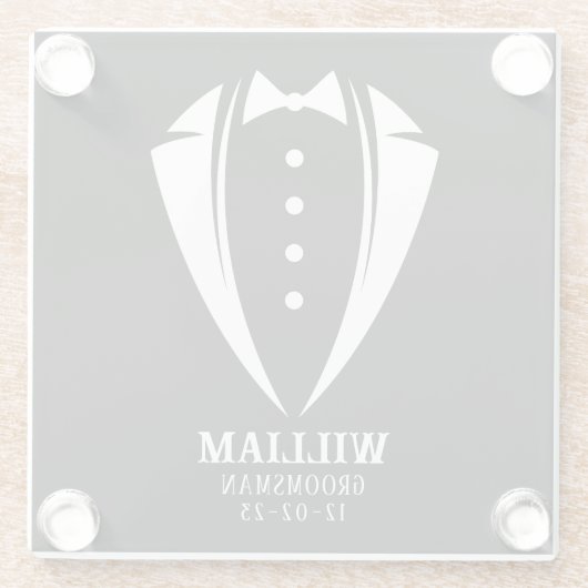 白黒モダンのタキシードのグルマンギフト ガラスコースター (裏面)