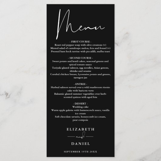 白黒モダンのディナーの結婚台本 メニュー (正面)