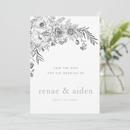 白黒モダンのフローラは日付カードを保存 セーブザデート (スタンド正面)