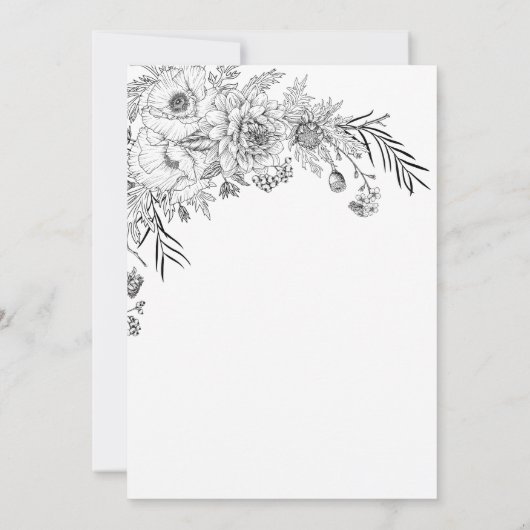 白黒モダンのフローラは日付カードを保存 セーブザデート (裏面)