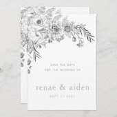 白黒モダンのフローラは日付カードを保存 セーブザデート (正面/裏面)