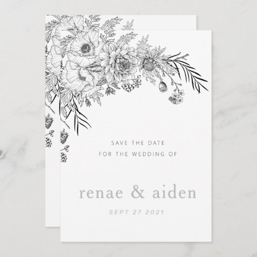 白黒モダンのフローラは日付カードを保存 セーブザデート (正面/裏面)