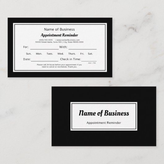 白黒モダンのプレーンアポイントメントアラーム 予約カード (正面/裏面)