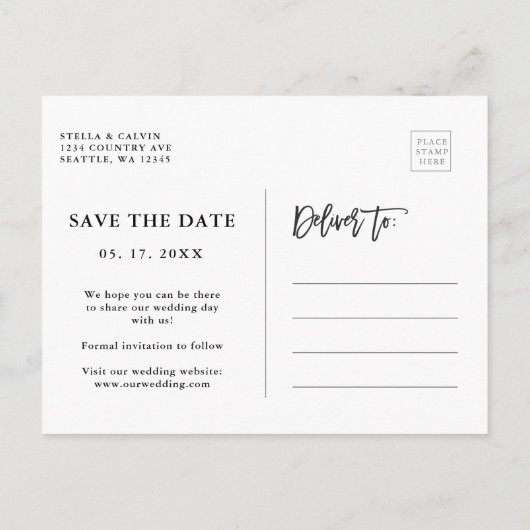 白黒モダンの写真結婚日付を保存 案内ポストカード (裏面)