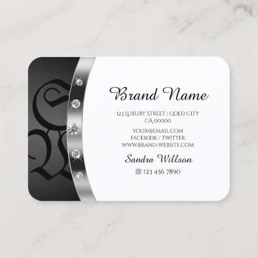 白黒モダンの明るいシルバー（モノグラム） 名刺 (裏面)