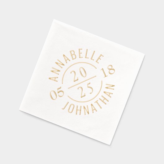 白黒モダンの結婚バッジ名と日付 箔ナプキン (左)
