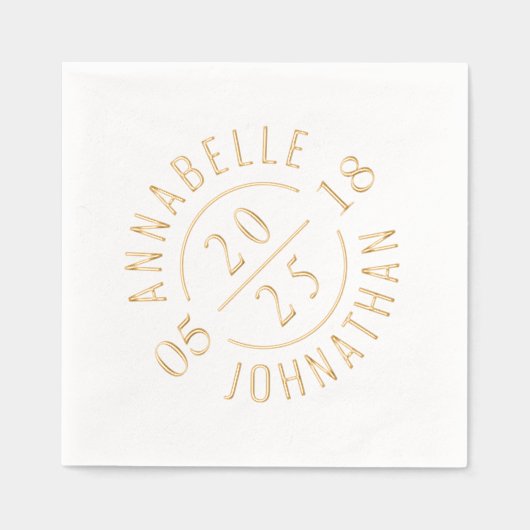 白黒モダンの結婚バッジ名と日付 箔ナプキン (正面)