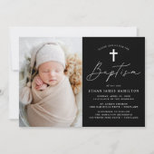 白黒モダンの脚本写真バプテスマ 招待状 (正面)