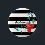 白黒モダンの花嫁ストライプのメイド 缶バッジ<br><div class="desc">この白と黒の花嫁付きボタンには赤い花が飾られている。</div>