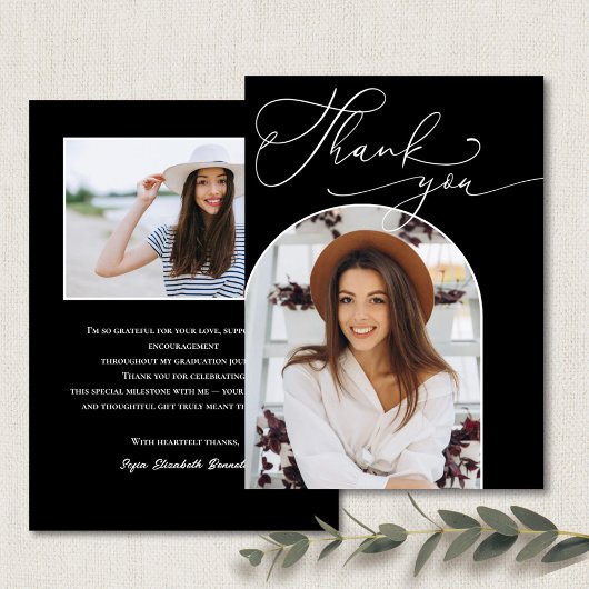 白黒モダンアーチ写真卒業 サンキューカード