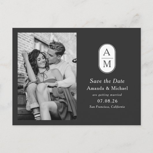 白黒モダンイニシャル写真の保存日付 案内ポストカード (正面)