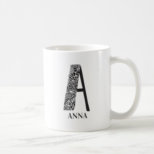 白黒モダンイニシャルAと名前 コーヒーマグカップ (右)