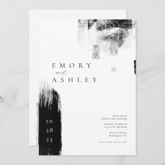 白黒モダンインクの結婚式の招待 招待状 (正面/裏面)