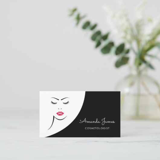 白黒モダンウーマンレッドリップ美容師 名刺 (スタンド正面)