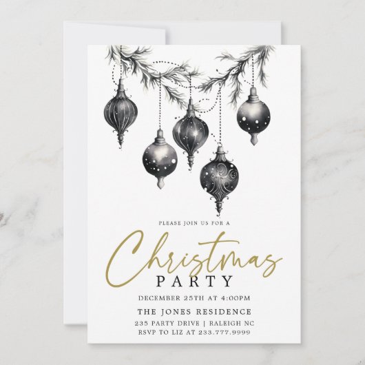 白黒モダンクリスマスオーナメントパーティー 招待状 (正面)