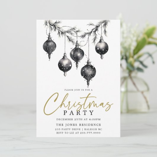 白黒モダンクリスマスオーナメントパーティー 招待状 (スタンド正面)