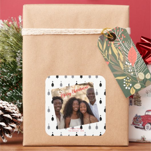 白黒モダンクリスマスファミリー写真 スクエアシール (クリスマス)