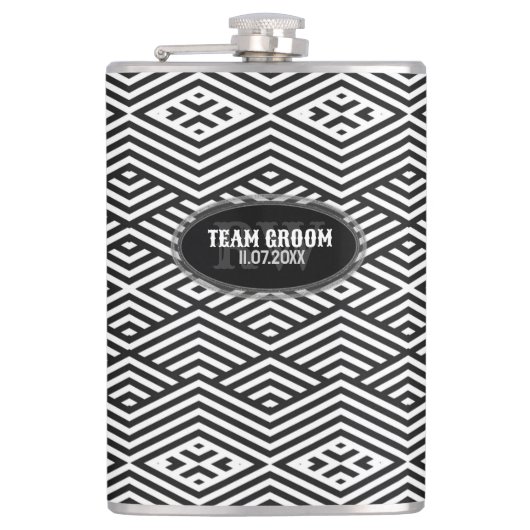 白黒モダンシェブロン柄Groomsmenギフト フラスク (正面)
