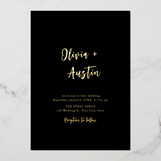 白黒モダンシック・スクリプト・ミニマ結婚リスト 箔招待状 (正面)