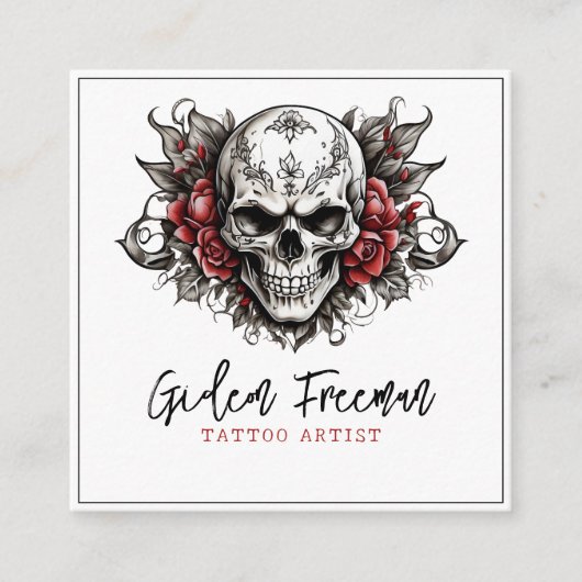 白黒モダンスカルバラタトゥーアーティスト スクエア名刺 (正面)